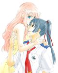  1girl :d bare_shoulders couple dress emblem hetero hug long_hair macross macross_frontier necktie open_mouth ponytail red_neckwear saotome_alto sheryl_nome shirt short_sleeves simple_background smile uniform ussu white_background white_shirt yellow_dress 