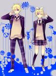  1girl bad_id bad_pixiv_id black_legwear black_neckwear blazer blonde_hair blue_eyes brother_and_sister full_body hair_ornament hair_ribbon hairclip highres jacket kagamine_len kagamine_rin kneeling long_sleeves looking_at_viewer mig_(36th_underground) miniskirt necktie one_eye_closed pants plaid plaid_pants plaid_skirt ribbon school_uniform short_hair siblings skirt smile standing sweater_vest twins v vocaloid white_ribbon 