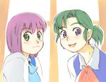  green_eyes green_hair hatsuseno_alpha multiple_girls mutou_youshun ponytail purple_eyes purple_hair short_hair smile takatsu_kokone yokohama_kaidashi_kikou 