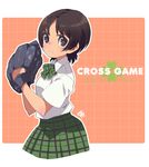  angry baseball_mitt bf._(sogogiching) black_hair blue_eyes checkered cross_game school_uniform short_hair solo tsukishima_aoba 