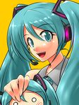  aqua_eyes aqua_hair hachune_miku hatsune_miku headphones headset long_hair multiple_girls necktie nme petting smile twintails vocaloid 