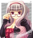  adjusting_eyewear breasts cleavage glasses hairband idolmaster idolmaster_(classic) large_breasts long_hair mame-p nail_polish orange_nails purple_eyes shijou_takane solo 