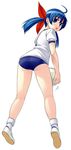  ahoge alternate_costume ass ball blue_eyes blue_hair bow buruma fatal_fury futaba_hotaru gym_uniform hair_bow kneepits legs long_hair looking_back mark_of_the_wolves mizuki_gyokuran open_mouth shoes snk socks solo twintails volleyball 