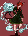  animal_ears bad_id bad_pixiv_id braid cat_ears cat_tail dress ghost hair_ribbon kaenbyou_rin long_hair red_eyes red_hair ribbon shibasaki_shouji short_hair skull solo tail touhou twin_braids 