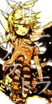  ameiro blonde_hair collar face hair_ornament hair_ribbon hairclip hello_nostradamus_(vocaloid) kagamine_rin ribbon short_hair skirt solo striped striped_legwear thighhighs vocaloid 