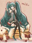  aqua_eyes aqua_hair bad_id bad_pixiv_id detached_sleeves food fruit hatsune_miku high_heels long_hair necktie pancake shindog shoes sitting skirt solo strawberry thighhighs twintails very_long_hair vocaloid zettai_ryouiki 