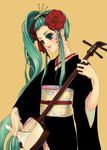  alternate_hairstyle aqua_hair bachi bad_id bad_pixiv_id black_kimono flower green_eyes hair_ribbon hatsune_miku instrument japanese_clothes kimono long_hair ouka_mai plectrum ribbon shamisen side_ponytail solo vocaloid 