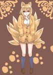  alternate_costume animal_ears bad_id bad_pixiv_id bespectacled blonde_hair brown_background contemporary douji fox_ears fox_tail glasses kneehighs multiple_tails no_hat no_headwear paw_print shoes short_hair socks solo tail touhou yakumo_ran yellow_eyes 
