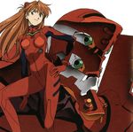  artist_request bangs blue_eyes bodysuit bracer breasts clenched_hand eva_02 gloves hand_on_hip headgear highres light_smile long_hair looking_to_the_side mecha neon_genesis_evangelion number orange_hair pilot_suit scan simple_background small_breasts smile souryuu_asuka_langley turtleneck white_background 