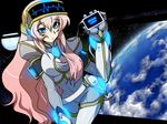  bad_id bad_pixiv_id blue_eyes bodysuit breasts cleavage earth gloves large_breasts long_hair luli megurine_luka moon pink_hair solo space vocaloid 