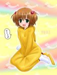  artist_request blush brown_hair cosplay costume fang gen_1_pokemon green_eyes hair_bobbles hair_ornament kataoka_yuuki kigurumi kneeling pikachu pikachu_(cosplay) pokemon saki short_hair solo speech_bubble translation_request two_side_up 