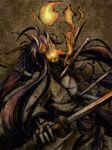  bad_id bad_pixiv_id demon fire horns kamui_gakupo katana long_hair luli male_focus ponytail purple_hair skeleton solo sword vocaloid weapon 