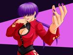  bangs breasts cleavage cleavage_cutout earrings fingernails hair_over_eyes jewelry large_breasts lips lipstick long_hair makani_kohitujito makeup nail_polish ponytail purple_hair purple_nails shermie solo the_king_of_fighters 