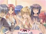  5girls air birthday black_hair blonde_hair blue_hair cake chicken_(food) eating food kamio_haruko kamio_misuzu kirishima_kano kunisaki_yukito michiru_(air) multiple_girls mutsuki_(moonknives) pastry red_hair silver_hair tears toono_minagi 