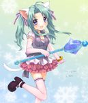 animal_ears bad_id bad_pixiv_id blue_eyes bracelet breasts cat_ears cat_tail cleavage elbow_gloves frills gloves green_hair hair_ribbon jewelry long_hair magical_girl medium_breasts original ribbon skirt solo tail thighhighs twintails usashiro_mani vest wand zettai_ryouiki 