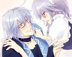  1girl blush couple glasses hetero izayoi_sakuya kotomi morichika_rinnosuke short_hair silver_hair touhou 