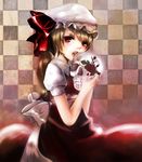 bad_id bad_pixiv_id blonde_hair blood checkered checkered_background flandre_scarlet flower geike hat ponytail red_eyes short_hair skull solo touhou 