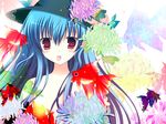  blue_hair chrysanthemum fish flower goldfish hat highres hinanawi_tenshi long_hair red_eyes shirogane_hina solo touhou 