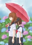  chitose_kiiro copyright_request flower holding holding_umbrella hydrangea multiple_girls rain school_uniform serafuku shared_umbrella umbrella 
