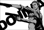  1girl aiming arm_hair bangs black_border blunt_bangs border collared_shirt covered_mouth doujima_nanako doujima_ryoutarou dress_shirt facial_hair father_and_daughter finger_on_trigger gangsta_hold gb_(doubleleaf) greyscale gun handgun leon_the_professional long_sleeves low_twintails manly monochrome mouth_hold outstretched_arm outstretched_arms parody persona persona_4 police serious shirt short_twintails simple_background sleeves_rolled_up stubble suppressor twintails upper_body weapon white_background 