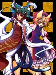  animal_ears blonde_hair brown_hair cat_tail chen earrings fox_ears fox_tail hat jewelry juliet_sleeves kisaragi_you long_sleeves multiple_girls multiple_tails older pants pillow_hat puffy_sleeves role_reversal short_hair tail tassel touhou wide_sleeves yakumo_ran yellow_eyes 