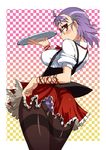  ass bad_id bad_pixiv_id breasts covered_nipples glasses kusanagi_tonbo large_breasts looking_back original panties panties_under_pantyhose pantyhose pantyshot pink_eyes purple_hair short_hair skirt solo striped striped_panties thighband_pantyhose underwear waitress 