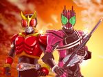  belt green_eyes highres horn jolt_(artist) kamen_rider kamen_rider_dcd kamen_rider_decade kamen_rider_kuuga multiple_boys red_eyes sword weapon 