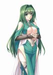  aqua_eyes bare_shoulders breasts bridal_gauntlets cleavage_cutout detached_sleeves dress elleinduse_ol_tightrantell green_hair hair_intakes hands_clasped kannatsuki_noboru large_breasts long_hair mature no_bra official_art own_hands_together shinkyoku_soukai_polyphonica simple_background smile solo standing thigh_strap thighhighs turtleneck underboob very_long_hair wide_hips 
