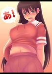  a azumanga_daiou bad_id bad_pixiv_id breasts brown_hair from_below kannagi_kaname large_breasts long_hair looking_down navel sakaki school_uniform skirt solo 