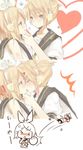  1boy 1girl ? angry bad_id bad_pixiv_id blonde_hair blood blood_from_mouth blue_eyes blush brother_and_sister hair_ornament hair_ribbon hairclip heart heca incest kagamine_len kagamine_rin kiss punching ribbon sailor_collar short_hair siblings sweat twincest twins vocaloid 