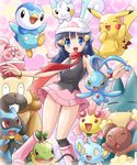  beanie bibarel blue_eyes blue_hair boots bracelet buneary cherrim gen_1_pokemon gen_4_pokemon happiny hat heart hikari_(pokemon) jewelry manaphy munchlax pachirisu pikachu pink_footwear piplup pokemoa pokemon pokemon_(creature) red_scarf riolu scarf shinx skirt smile turtwig watch wristwatch 