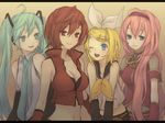  ahoge aqua_eyes aqua_hair blonde_hair blue_eyes breasts brown_eyes brown_hair cleavage eevee-moon hair_ornament hair_ribbon hairclip hatsune_miku headphones kagamine_rin long_hair medium_breasts megurine_luka meiko midriff multiple_girls navel necktie one_eye_closed pink_hair ribbon sailor_collar short_hair smile twintails vocaloid 