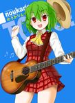  acoustic_guitar anamira ascot cover green_hair guitar hat instrument k-on! kazami_yuuka musical_note parody plaid plaid_skirt plaid_vest red_eyes short_hair skirt skirt_set solo straw_hat touhou vest 