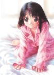  arm_support barefoot bed blush copyright_request downblouse goto_p kneeling pajamas smile solo 