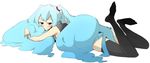  aqua_eyes bad_id bad_pixiv_id blue_hair hatsune_miku long_hair lying on_stomach simple_background skirt solo thighhighs tmy twintails very_long_hair vocaloid zettai_ryouiki 