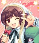  \m/ bad_id bad_pixiv_id brown_hair fang hinooka_shuuji long_hair microphone one_eye_closed rozen_maiden seikan_hikou solo star suiseiseki 