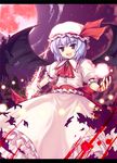  :d bat_wings blood blue_hair dress fang full_moon hat hinooka_shuuji letterboxed moon open_mouth red_eyes red_moon remilia_scarlet short_hair smile solo touhou wings 