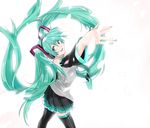  aqua_eyes aqua_hair aqua_nails bad_id bad_pixiv_id detached_sleeves etmko feathers hatsune_miku headphones long_hair nail_art nail_polish necktie skirt smile solo thighhighs twintails very_long_hair vocaloid zettai_ryouiki 