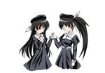  angetsu_no_koshousha bandage_over_one_eye beret black_eyes black_hair blush hair_ornament hat highres holding_hands lecht_refraktia long_hair multiple_girls nun rink_refraktia rosenkreuzstilette side_ponytail tareme 