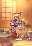  anger_vein angry barefoot bloomers chabudai_(table) chain cookie cup detached_sleeves food hakurei_reimu horns ibuki_suika multiple_girls pillow plate sankuma sitting table tatami tea teapot touhou underwear yunomi 