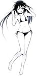  barefoot bikini copyright_request flat_chest greyscale ichimatsu_akebi long_hair monochrome one_eye_closed open_mouth solo swimsuit twintails v wide_hips 