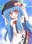  blue_hair blush bow food food_as_clothes fruit hat hinanawi_tenshi lens_flare long_hair peach red_eyes ry solo touhou 