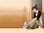  1280x960 bag black_eyes black_hair doorway genshiken ogiue_chika ponytail sitting wallpaper 