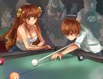  1girl 8-ball ball billiards blush breasts brother_and_sister brown_eyes brown_hair camisole cleavage cue_ball cue_stick hair_ribbon large_breasts long_hair original ribbon siblings smile suoni_(deeperocean) 