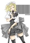  baachan bad_id bad_pixiv_id blonde_hair green_eyes hair_ornament hair_ribbon hairclip kagamine_rin microphone microphone_stand ribbon short_hair shorts solo thighhighs vocaloid 