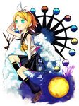  bad_id bad_pixiv_id blonde_hair cloud ferris_wheel gensou-ron_(vocaloid) green_eyes hair_ornament hair_ribbon hairclip highres kagamine_rin moon renta_(deja-vu) ribbon short_hair skirt solo vocaloid wheel 