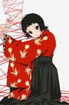  1girl black_eyes black_hair black_hakama black_skirt commentary_request floral_print floral_print_kimono hakama hakama_skirt highres japanese_clothes kimono koine2l23 looking_at_viewer print_kimono red_kimono sayonara_zetsubou_sensei short_hair skirt solo string string_of_fate tsunetsuki_matoi tulip_print 