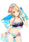  ayase_eli bikini blonde_hair blue_eyes bracelet breasts cleavage hair_ornament highres jewelry large_breasts long_hair love_live! love_live!_school_idol_project meiko_(puua) navel ponytail sarong smile solo star starfish swimsuit transparent_background 