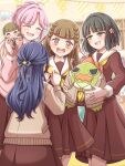  4girls absurdres ahoge anyoji_hime badge black_hair blue_hair blue_ribbon blunt_bangs blunt_ends blurry blurry_background bob_cut braid brown_cardigan brown_dress brown_hair button_badge cardigan center-flap_bangs commentary_request doll dress ganbarai gonzales_(love_live!) green_eyes hair_ornament hair_ribbon half_updo hasu_no_sora_school_uniform highres holding holding_doll indoors kachimachi_kosuzu kyurumaru link!_like!_love_live! long_hair long_sleeves love_live! medium_dress momose_ginko multi-tied_hair multiple_girls murano_sayaka neckerchief open_cardigan open_clothes pink_eyes pink_hair pleated_dress ponytail red_ribbon ribbon sailor_collar sailor_dress school_uniform side_braids standing star_(symbol) star_hair_ornament stuffed_dinosaur virtual_youtuber white_sailor_collar winter_uniform yellow_neckerchief 