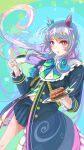  1girl animal_ears aqua_bow black_jacket black_skirt blush bow bowtie cake coat commentary_request cup ear_bow ear_ribbon food fork frilled_coat frilled_jacket frills highres holding holding_cup holding_plate horse_ears horse_girl horse_tail jacket long_hair long_sleeves looking_at_viewer mejiro_mcqueen_(frontline_elegance)_(umamusume) mejiro_mcqueen_(umamusume) midriff_peek millzyuron navel parted_lips plate pleated_skirt purple_eyes purple_hair ribbon skirt solo tail tea teacup umamusume 